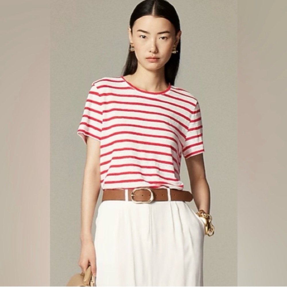 NWT J. Crew New Relaxed Linen T-shirt Short Sleeve Stripe Red White